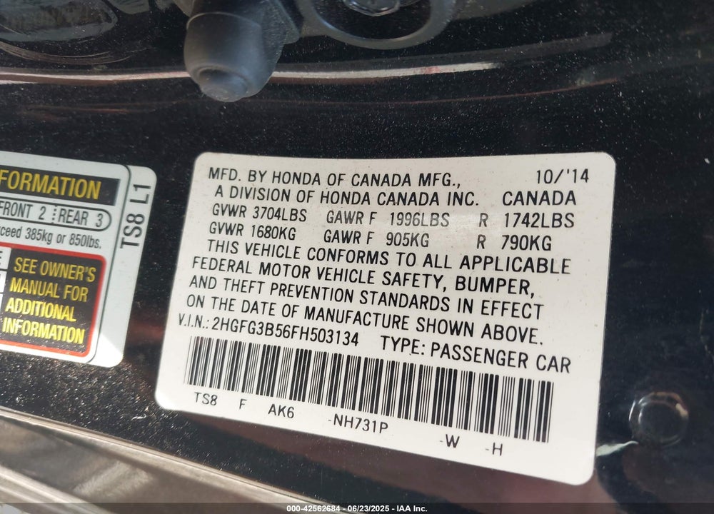2015 HONDA CIVIC VIN: 2HGFG3B56FH503134