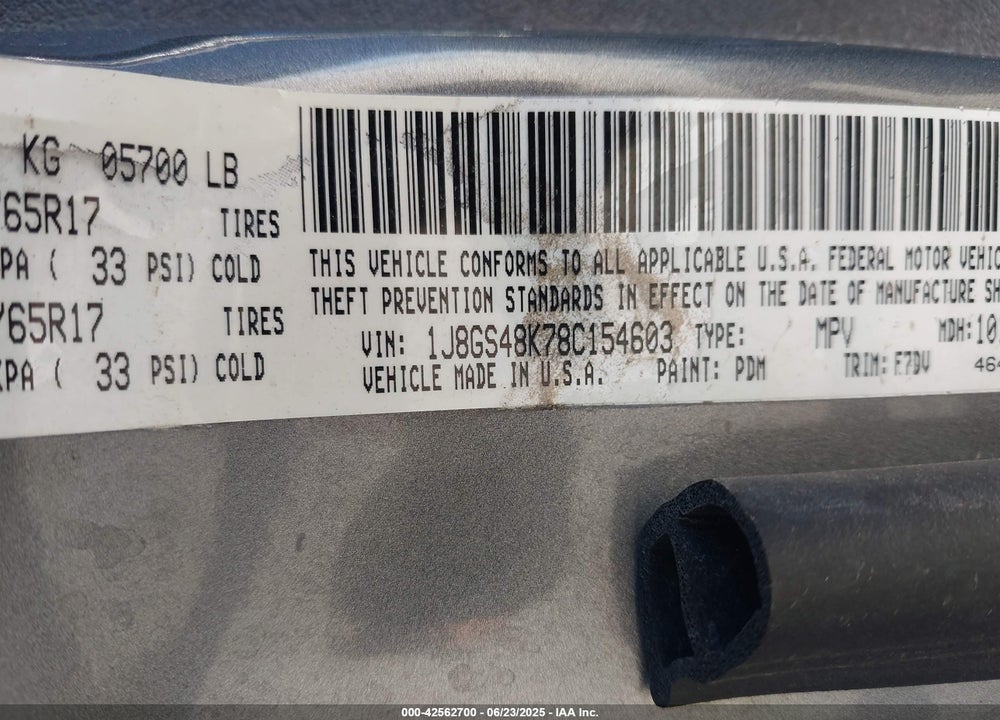 2008 JEEP GRAND CHEROKEE LAREDO VIN: 1J8GS48K78C154603