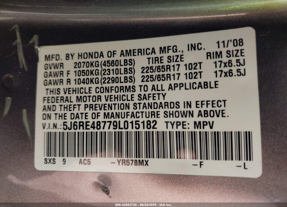 2009 HONDA CR-V EX-L VIN: 5J6RE48779L015182