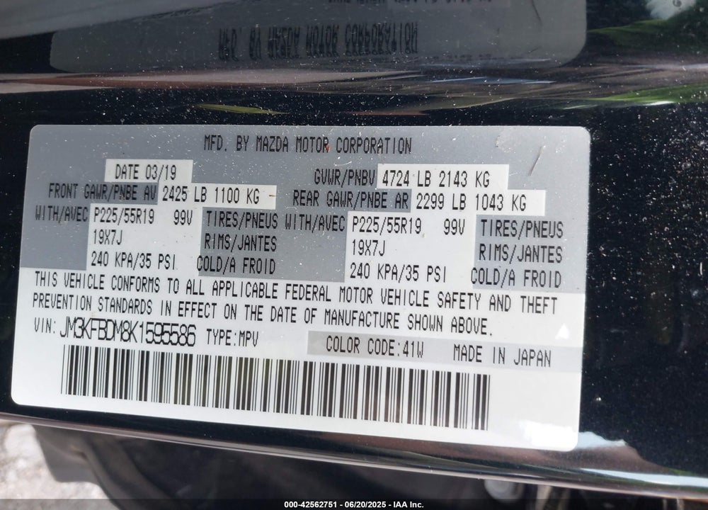 2019 MAZDA CX-5 GRAND TOURING VIN: JM3KFBDM8K1595586