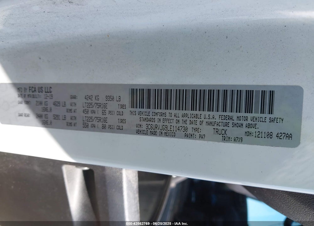 2020 RAM PROMASTER 3500 CARGO VAN HIGH ROOF 159 WB EXT VIN: 3C6URVJG9LE114730