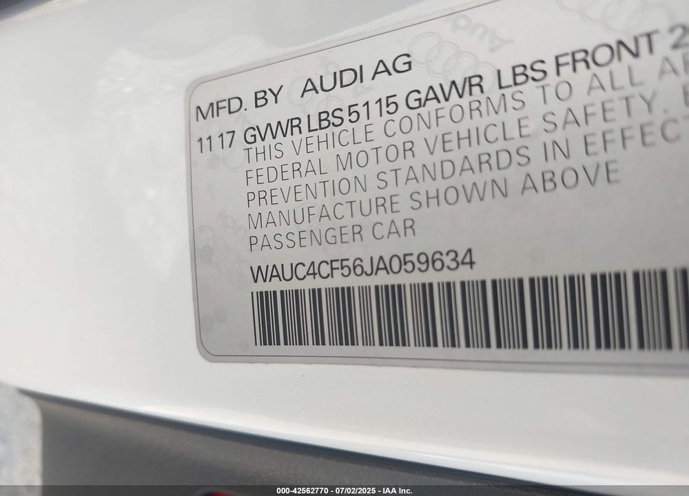 2018 AUDI S5 VIN: WAUC4CF56JA059634