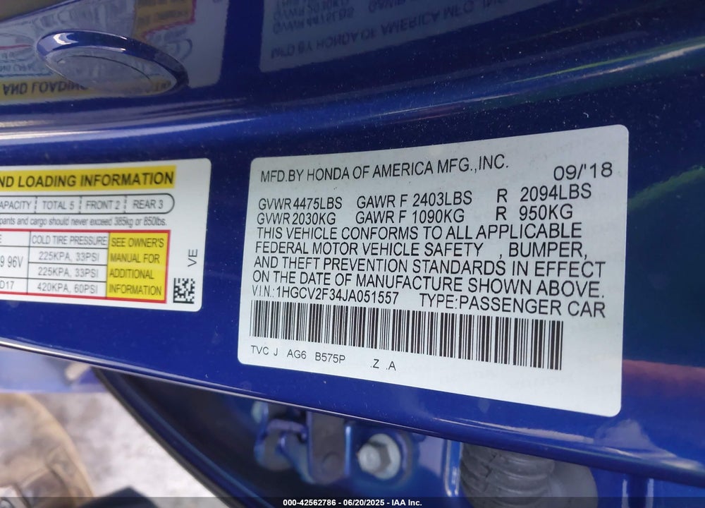 2018 HONDA ACCORD VIN: 1HGCV2F34JA051557
