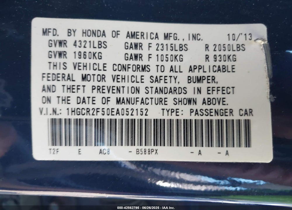 2014 HONDA ACCORD SPORT VIN: 1HGCR2F50EA052152