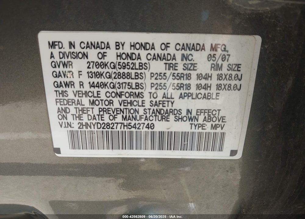 2007 ACURA MDX VIN: 2HNYD28277H542740