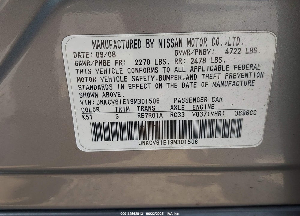 2009 INFINITI G37 JOURNEY VIN: JNKCV61E19M301506