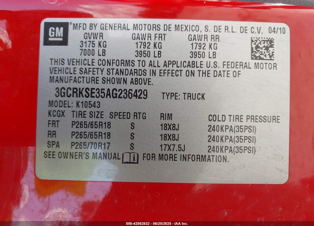 2010 CHEVROLET SILVERADO 1500 VIN: 3GCRKSE35AG236429