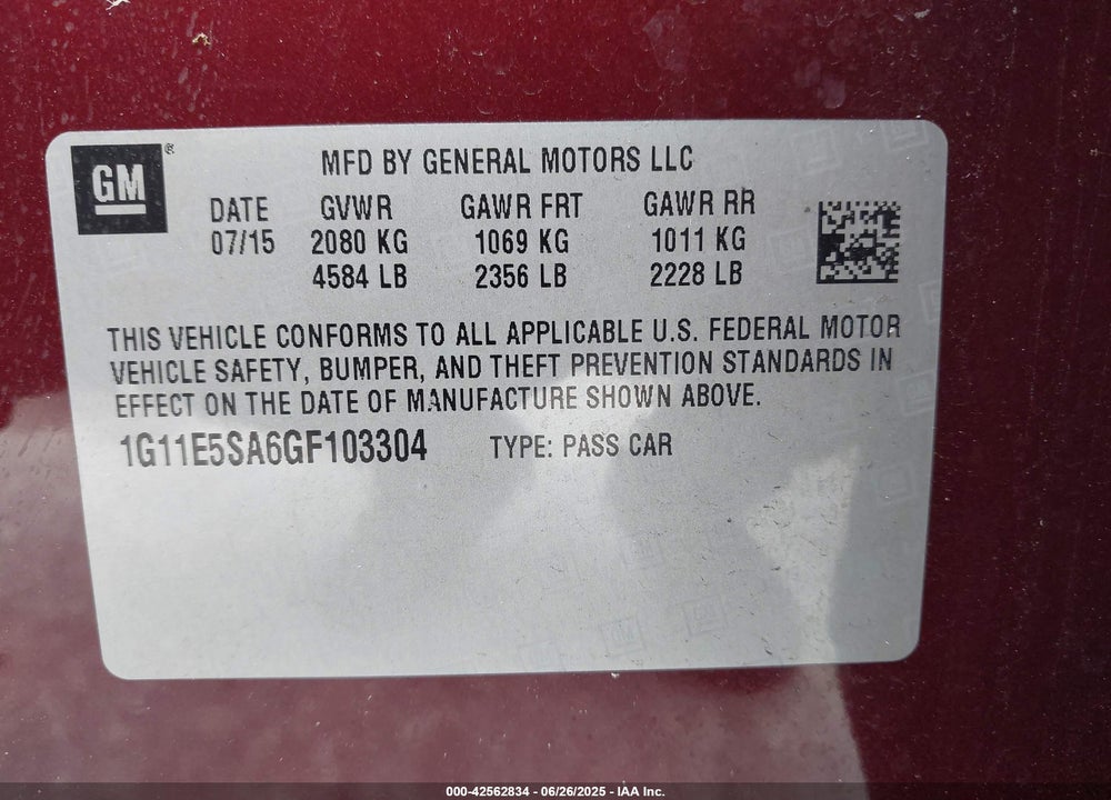 2016 CHEVROLET MALIBU VIN: 1G11E5SA6GF103304