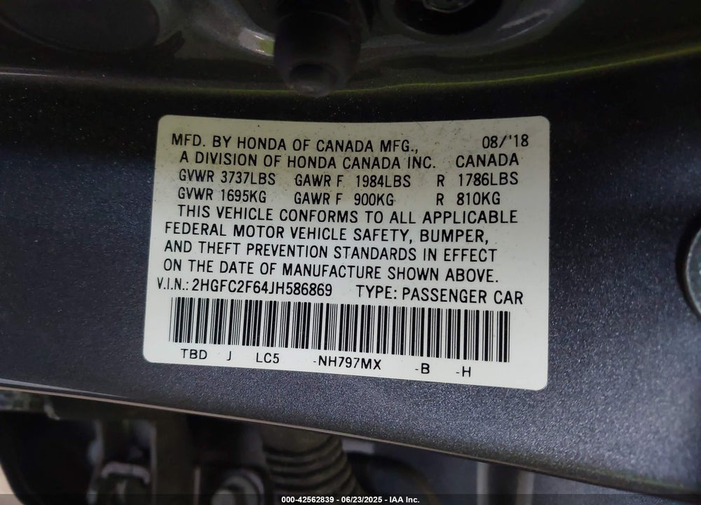 2018 HONDA CIVIC VIN: 2HGFC2F64JH586869