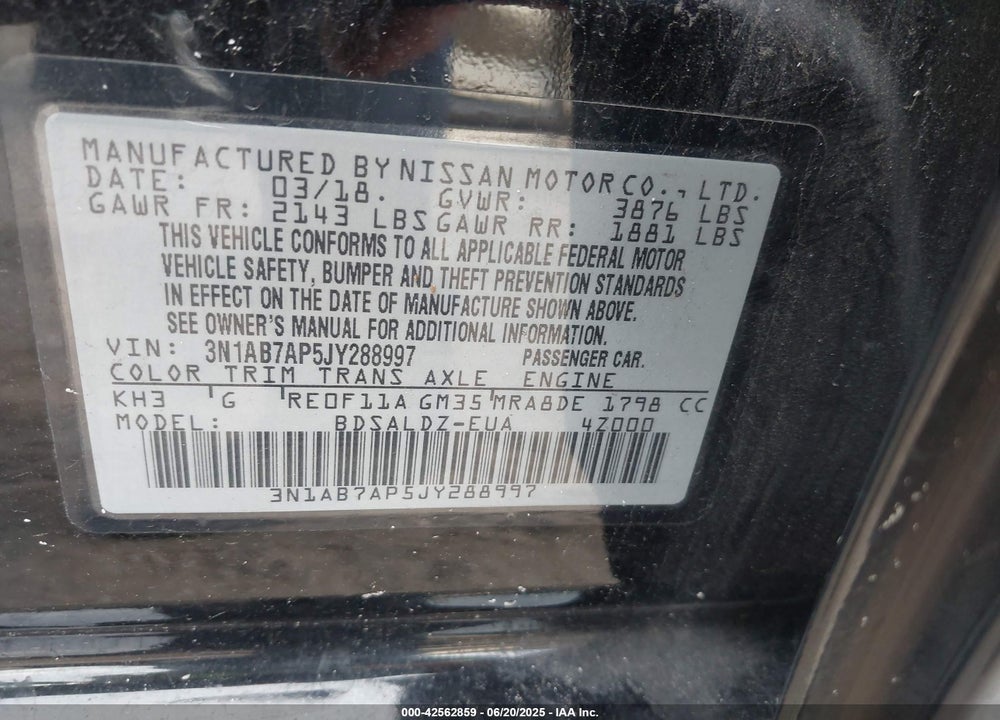 2018 NISSAN SENTRA VIN: 3N1AB7AP5JY288997