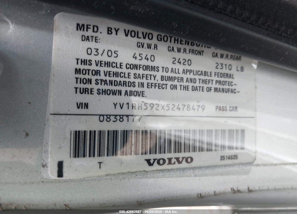 2005 VOLVO S60 2.5T AWD VIN: YV1RH592X52478479