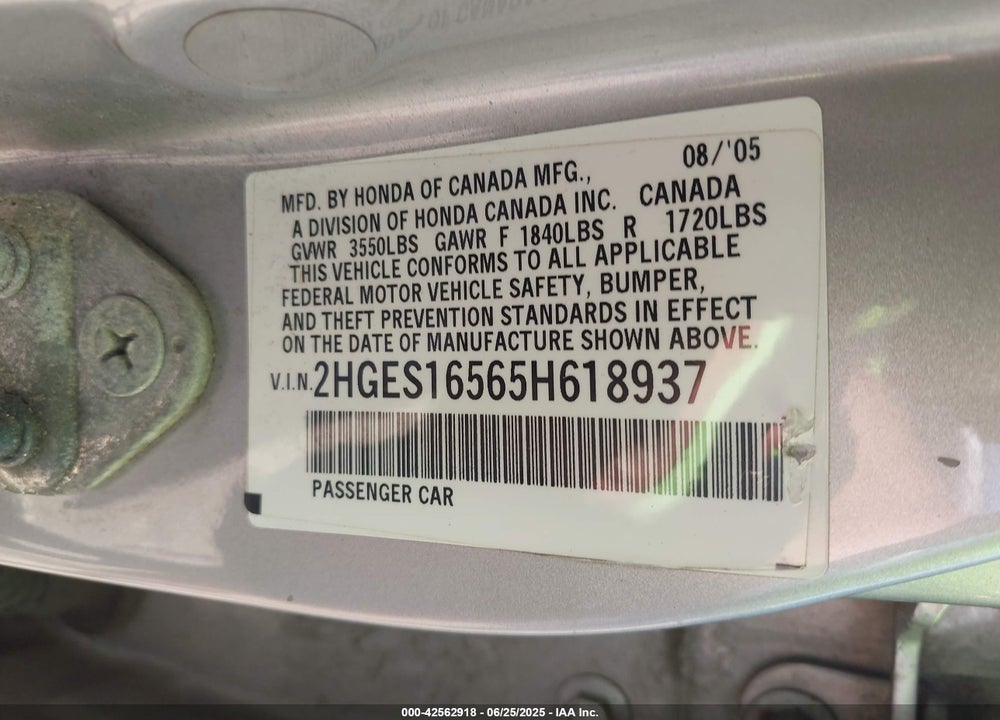 2005 HONDA CIVIC LX VIN: 2HGES16565H618937