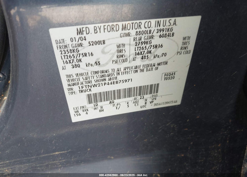 2004 FORD F-250 VIN: 1FTNW21P44EB75971