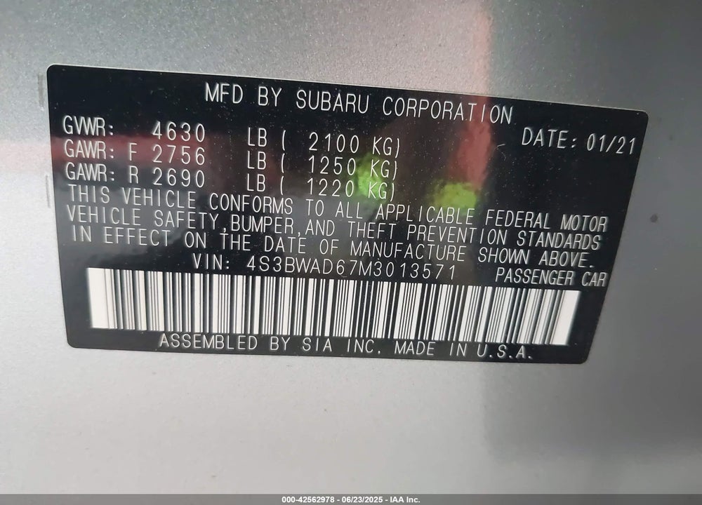 2021 SUBARU LEGACY VIN: 4S3BWAD67M3013571