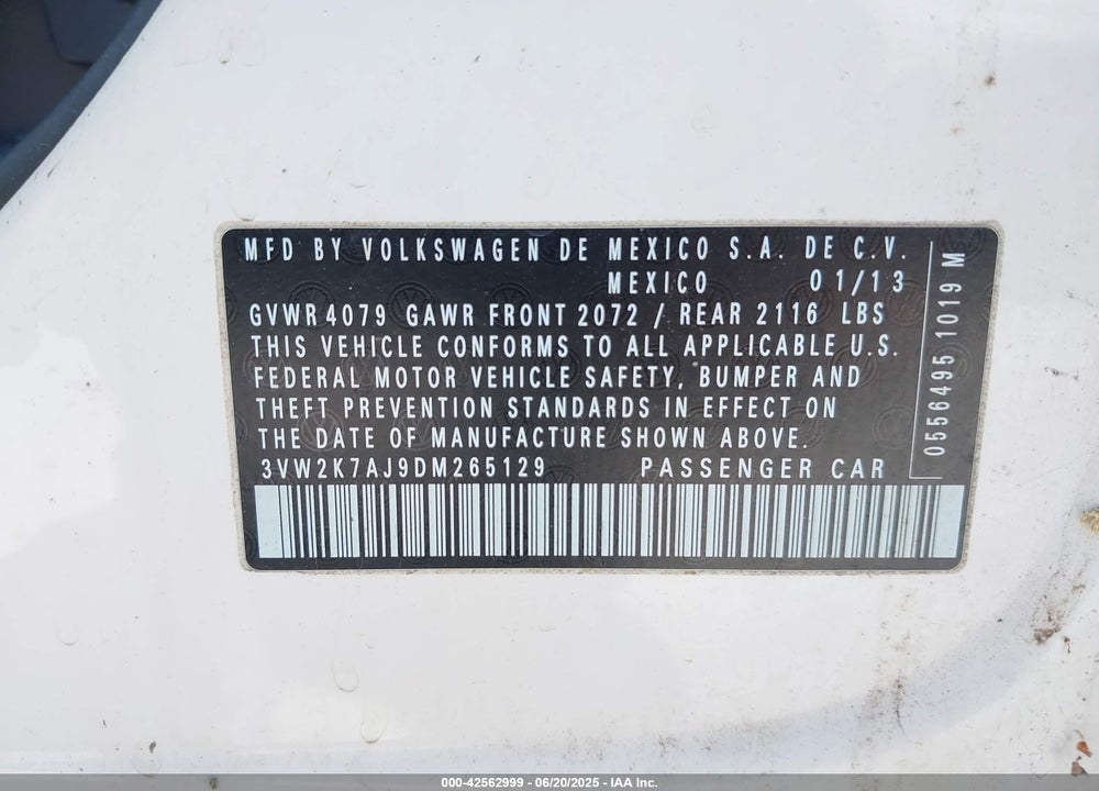 2013 VOLKSWAGEN JETTA VIN: 3VW2K7AJ9DM265129