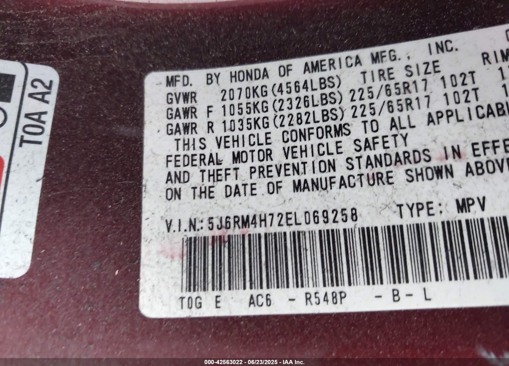 2014 HONDA CR-V VIN: 5J6RM4H72EL069258