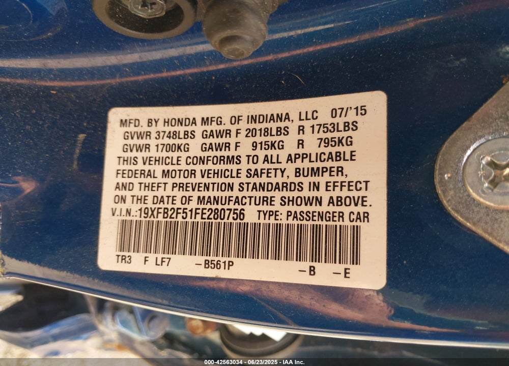 2015 HONDA CIVIC LX VIN: 19XFB2F51FE280756
