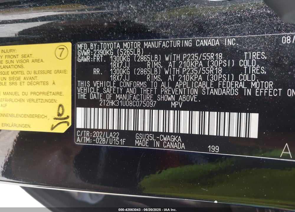 2008 LEXUS RX 350 VIN: 2T2HK31U08C075097