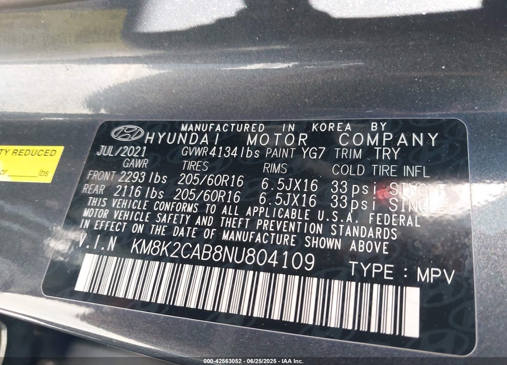 2022 HYUNDAI KONA VIN: KM8K2CAB8NU804109