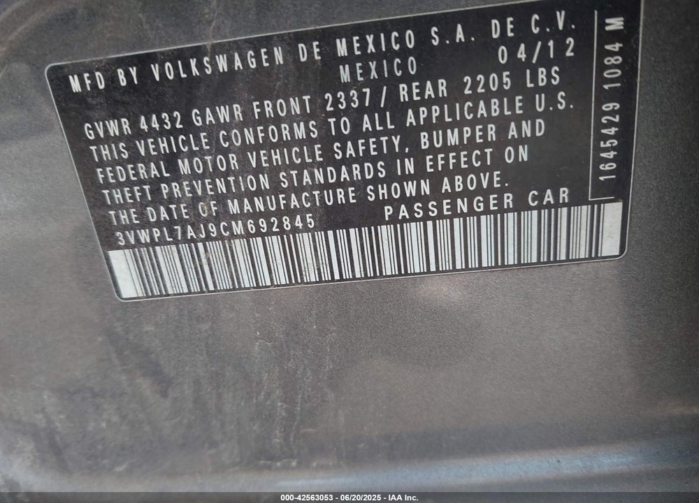 2012 VOLKSWAGEN JETTA SPORTWAGEN 2.0L TDI VIN: 3VWPL7AJ9CM692845