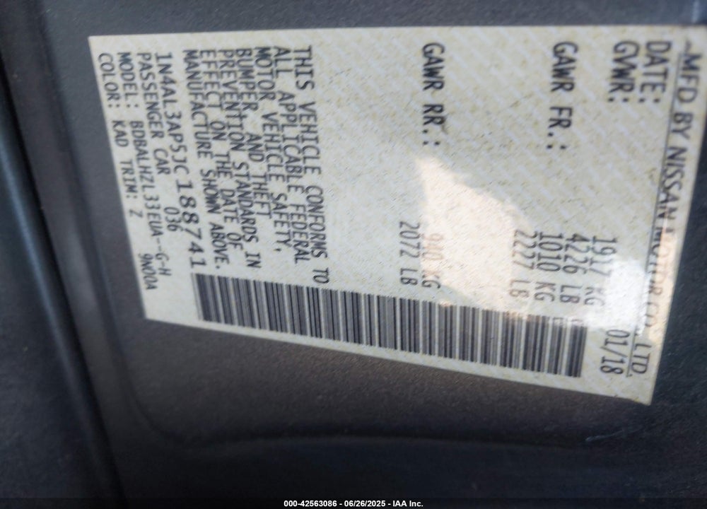 2018 NISSAN ALTIMA VIN: 1N4AL3AP5JC188741