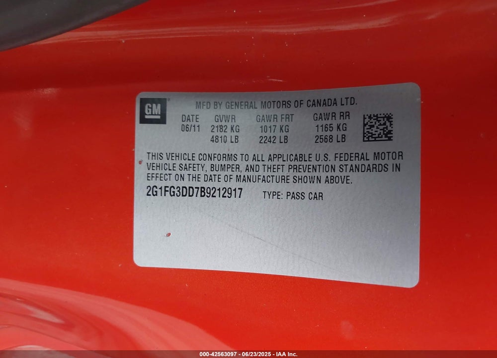 2011 CHEVROLET CAMARO VIN: 2G1FG3DD7B9212917