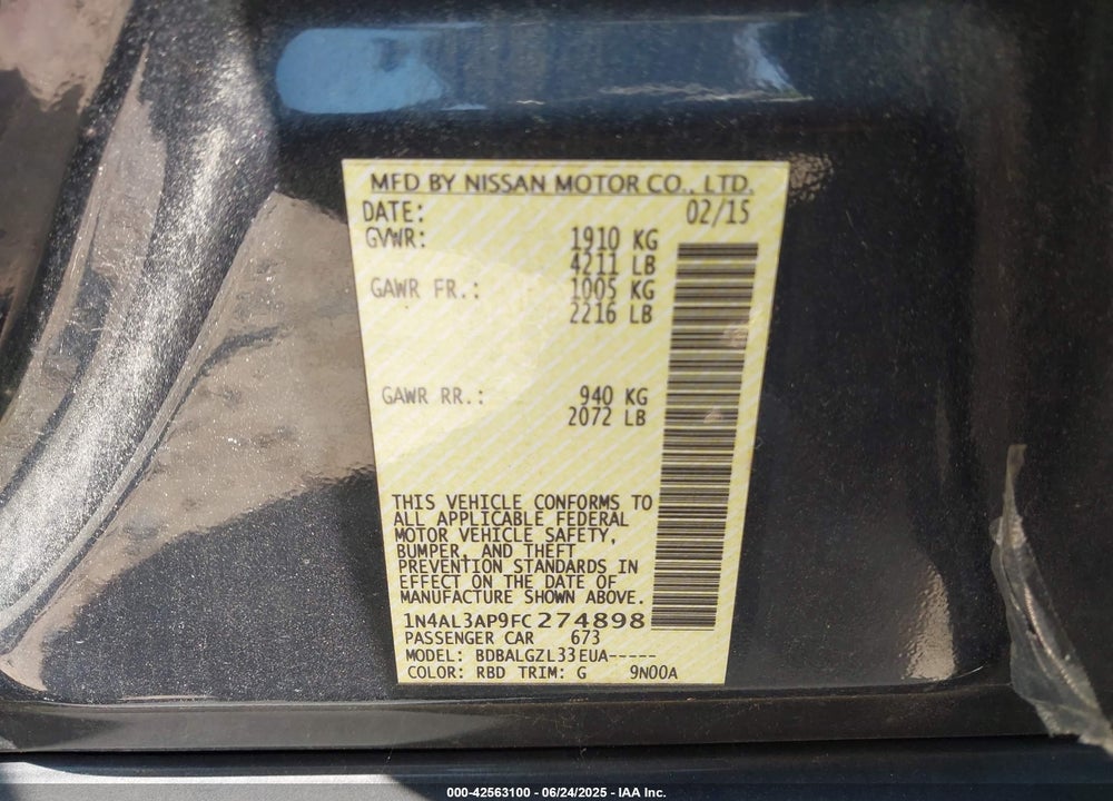 2015 NISSAN ALTIMA VIN: 1N4AL3AP9FC274898