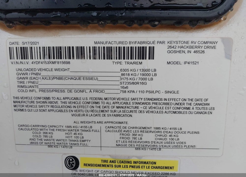 2021 KEYSTONE IMPACT IP415 VIN: 4YDF4153XMF815698