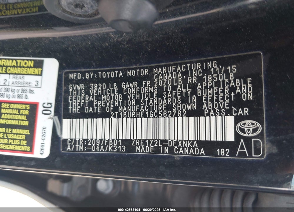 2016 TOYOTA COROLLA VIN: 2T1BURHE1GC562782