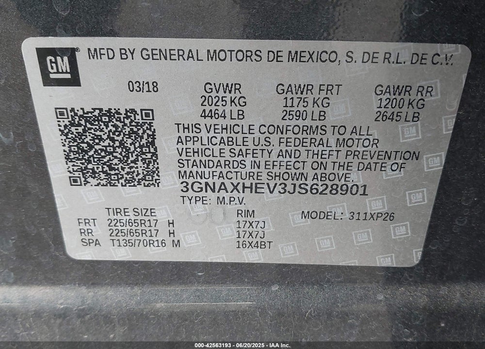 2018 CHEVROLET EQUINOX VIN: 3GNAXHEV3JS628901