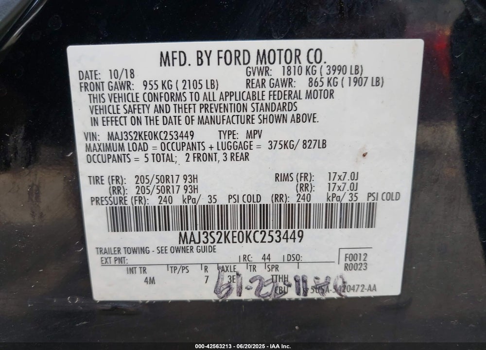 2019 FORD ECOSPORT VIN: MAJ3S2KE0KC253449