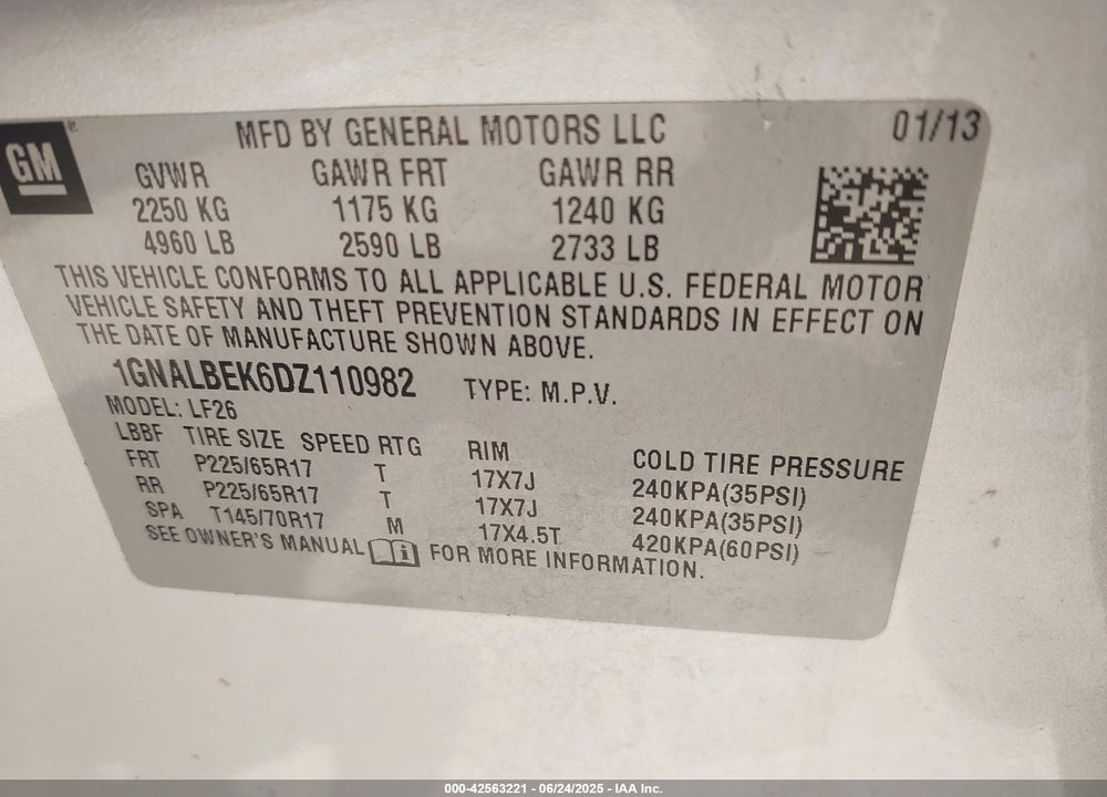 2013 CHEVROLET EQUINOX LS VIN: 1GNALBEK6DZ110982