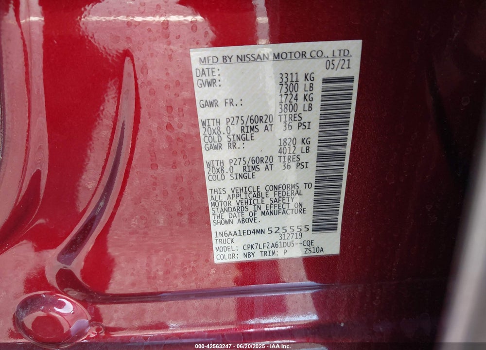 2021 NISSAN TITAN VIN: 1N6AA1ED4MN525555
