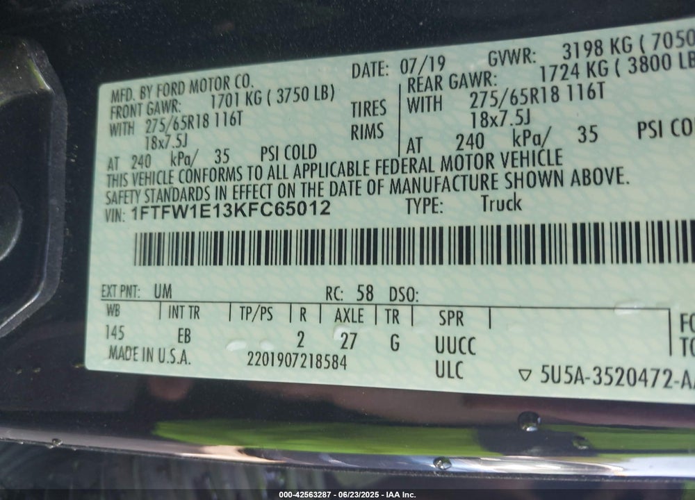 2019 FORD F-150 VIN: 1FTFW1E13KFC65012