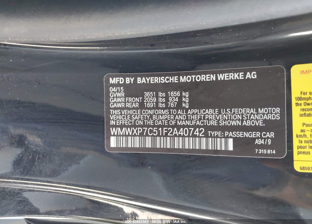 2015 MINI HARDTOP VIN: WMWXP7C51F2A40742