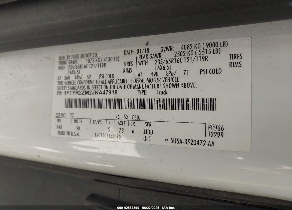 2018 FORD TRANSIT-250 VIN: 1FTYR2ZM2JKA47918