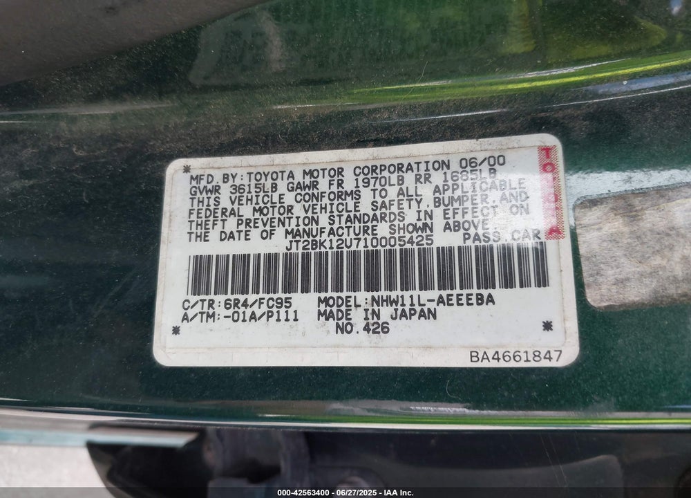 2001 TOYOTA PRIUS VIN: JT2BK12U710005425