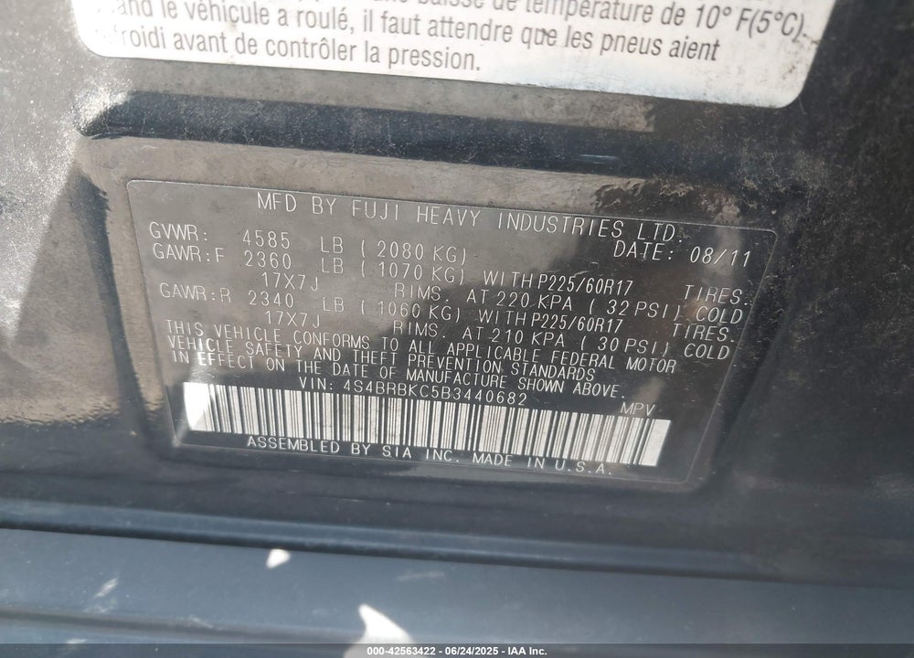 2011 SUBARU OUTBACK VIN: 4S4BRBKC5B3440682