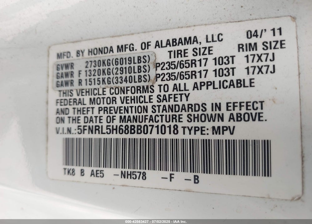2011 HONDA ODYSSEY EX-L VIN: 5FNRL5H68BB071018