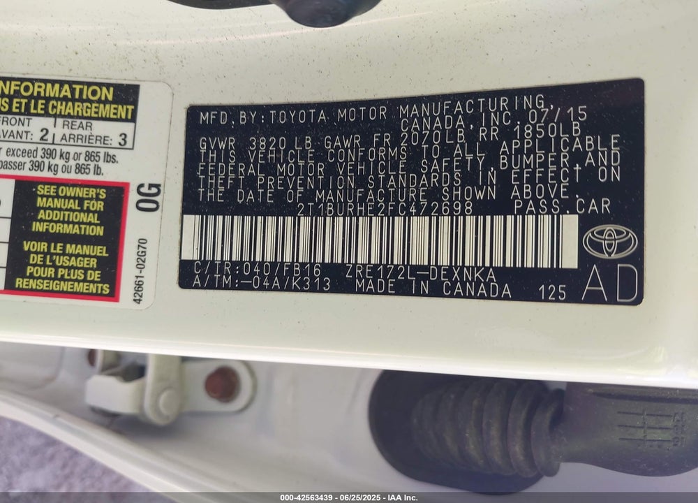 2015 TOYOTA COROLLA VIN: 2T1BURHE2FC472698