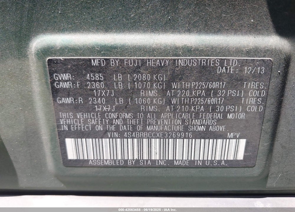 2014 SUBARU OUTBACK 2.5I PREMIUM VIN: 4S4BRBCCXE3269916