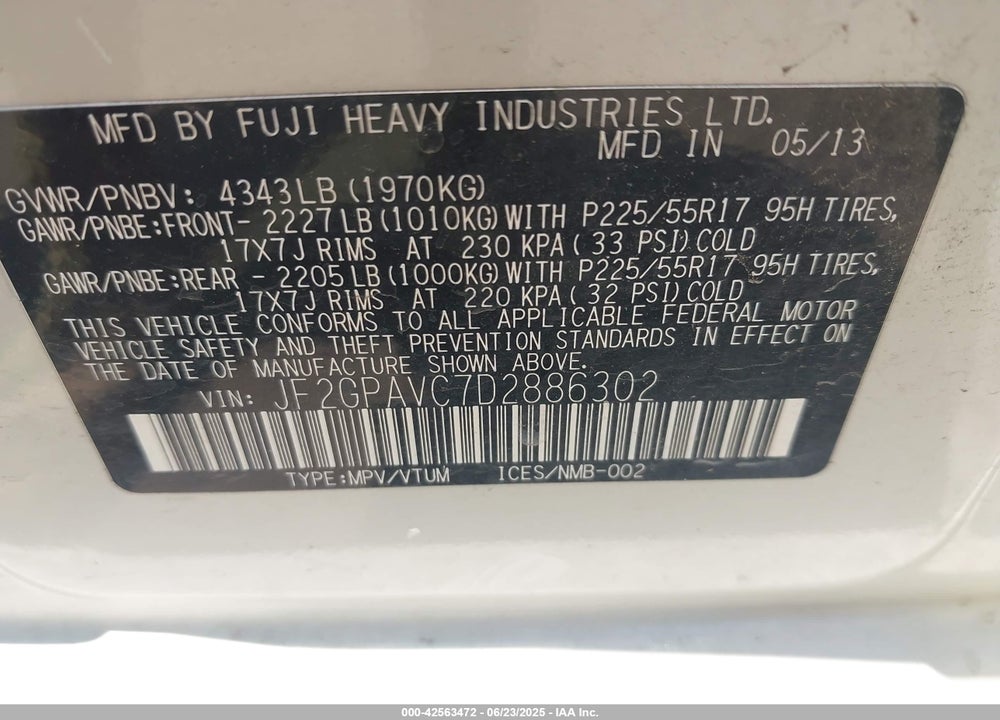 2013 SUBARU XV CROSSTREK VIN: JF2GPAVC7D2886302