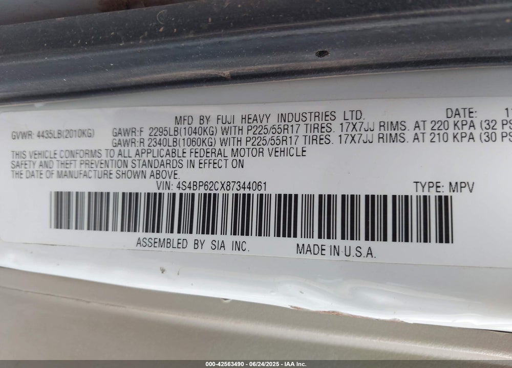 2008 SUBARU OUTBACK 2.5I LIMITED/2.5I LIMITED L.L. BEAN EDITION VIN: 4S4BP62CX87344061