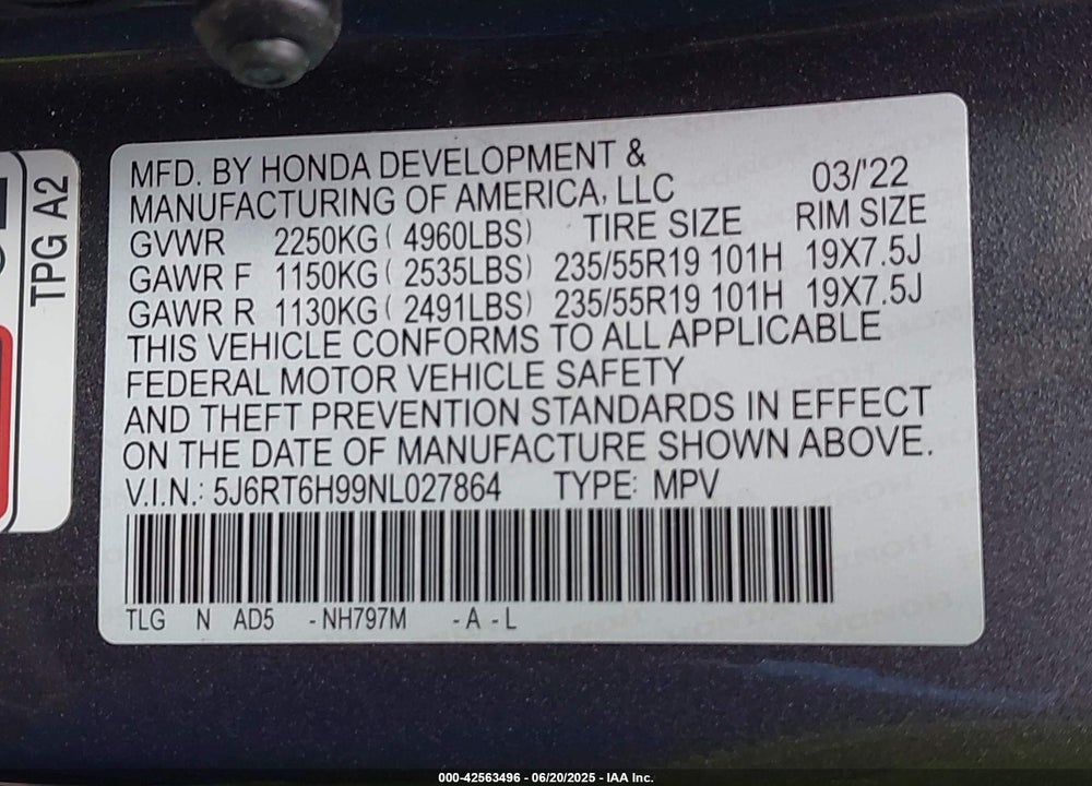 2022 HONDA CR-V HYBRID VIN: 5J6RT6H99NL027864