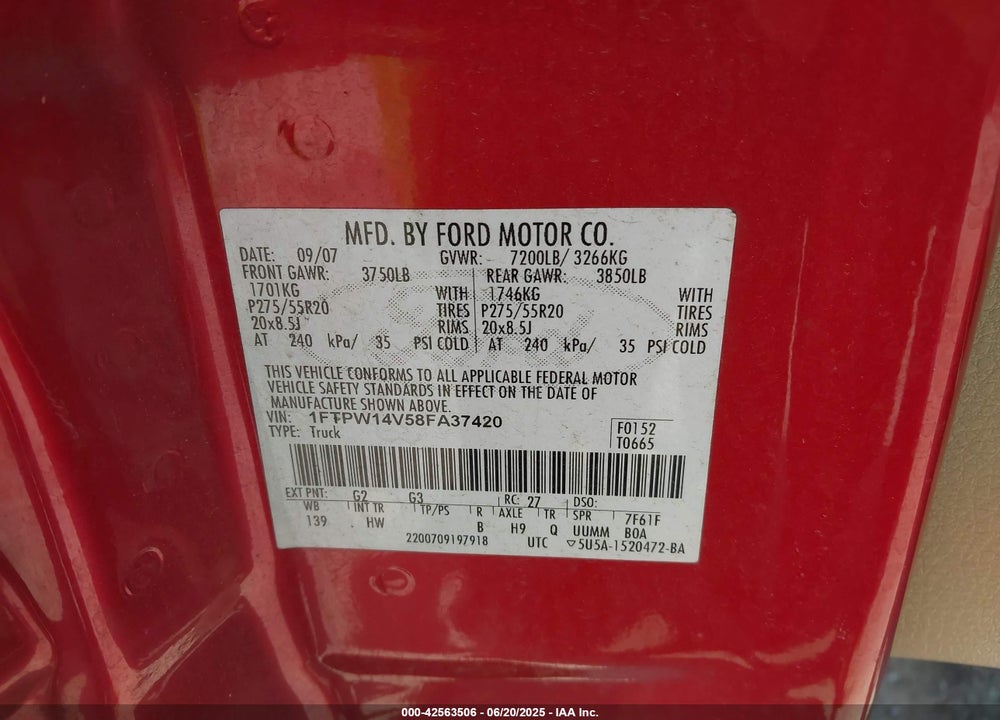 2008 FORD F-150 60TH ANNIVERSARY/FX4/KING RANCH/LARIAT/XLT VIN: 1FTPW14V58FA37420