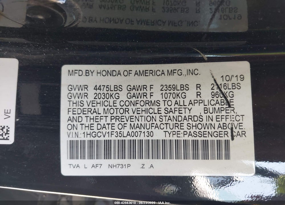 2020 HONDA ACCORD VIN: 1HGCV1F35LA007130