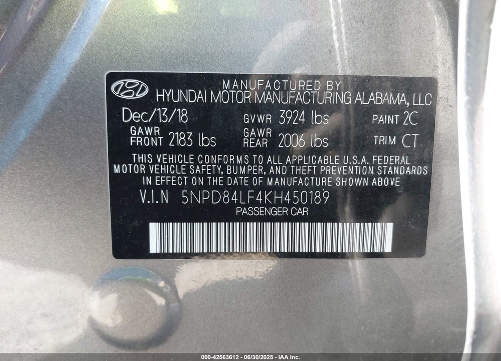 2019 HYUNDAI ELANTRA VIN: 5NPD84LF4KH450189