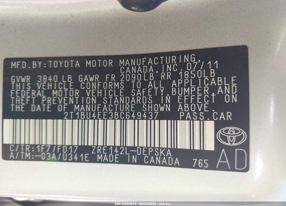 2011 TOYOTA COROLLA VIN: 2T1BU4EE3BC649437