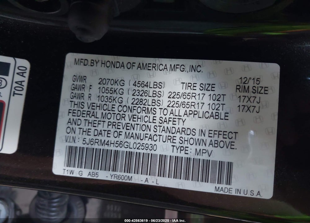 2016 HONDA CR-V EX VIN: 5J6RM4H56GL025930