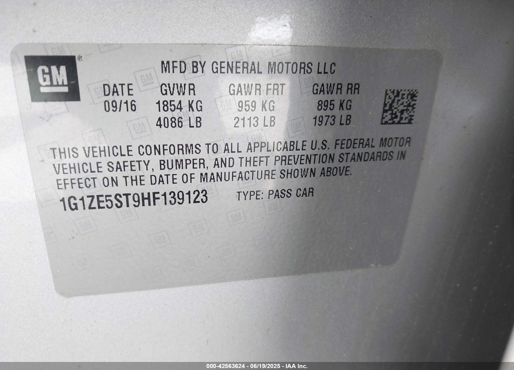 2017 CHEVROLET MALIBU 1LT VIN: 1G1ZE5ST9HF139123
